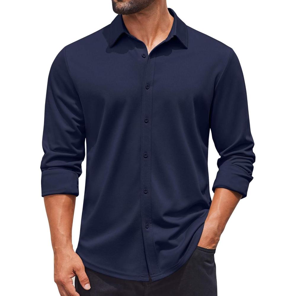 imageCOOFANDY Mens Casual Button Down Shirt Long Sleeve Wrinkle Free Shirts Stretch Dress ShirtNavy Blue
