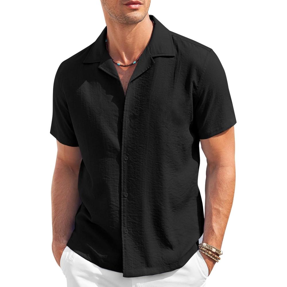 imageCOOFANDY Mens Casual Button Down Shirt Short Sleeve Textured Summer Cuban Beach ShirtsBlack