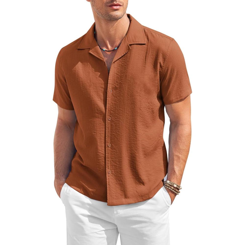 imageCOOFANDY Mens Casual Button Down Shirt Short Sleeve Textured Summer Cuban Beach ShirtsBrown