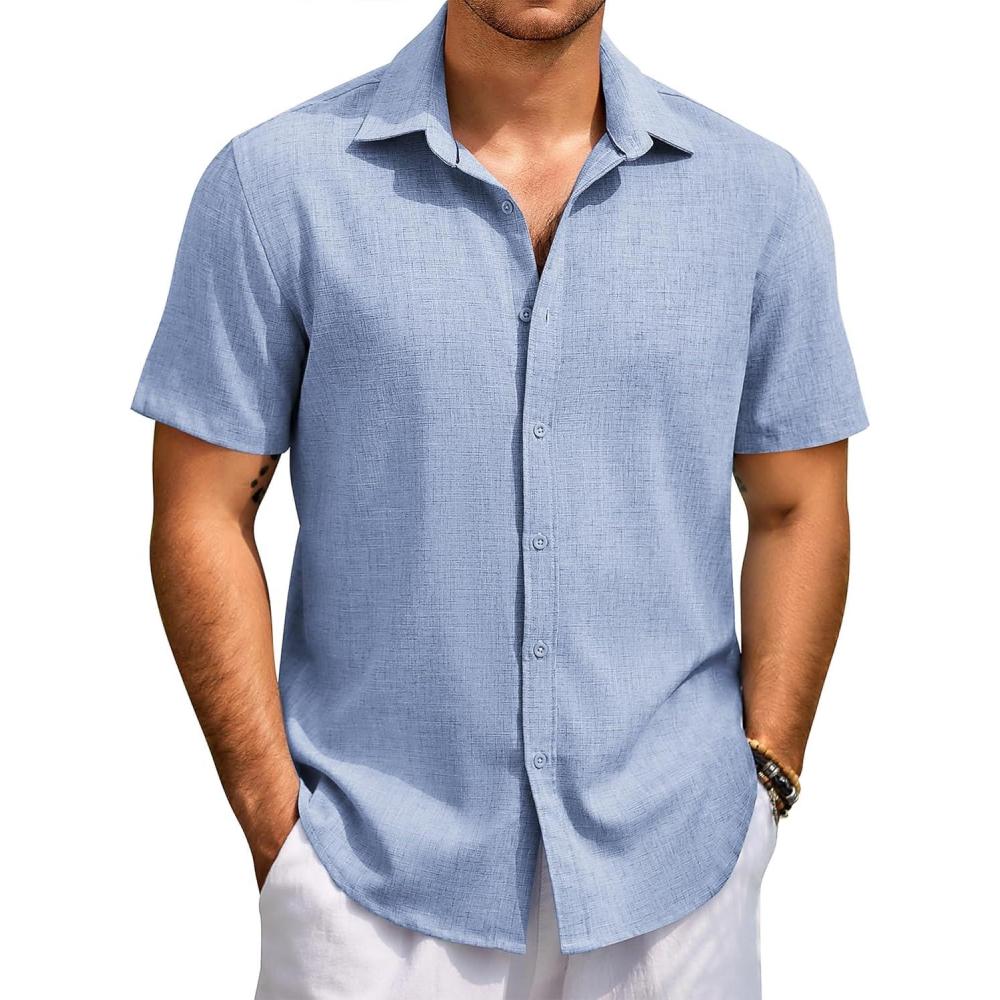 imageCOOFANDY Mens Casual Button Down Shirt Short Sleeve Textured Summer Cuban Beach ShirtsClassic Blue