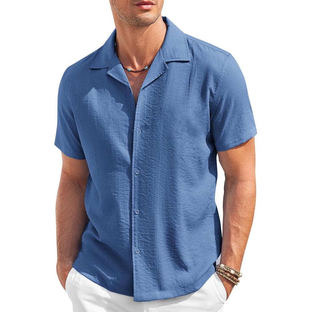 imageCOOFANDY Mens Casual Button Down Shirt Short Sleeve Textured Summer Cuban Beach ShirtsDark Blue