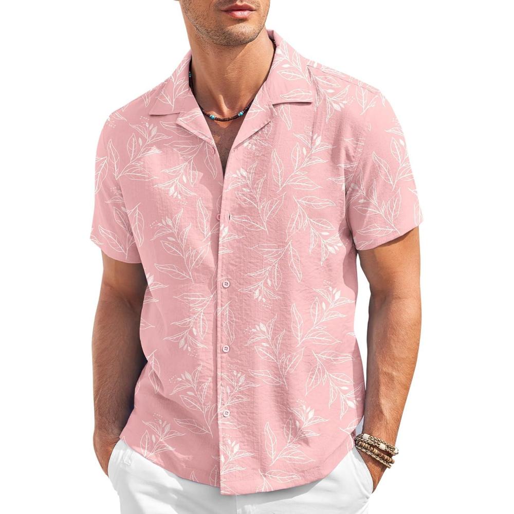 imageCOOFANDY Mens Casual Button Down Shirt Short Sleeve Textured Summer Cuban Beach ShirtsFloralpink