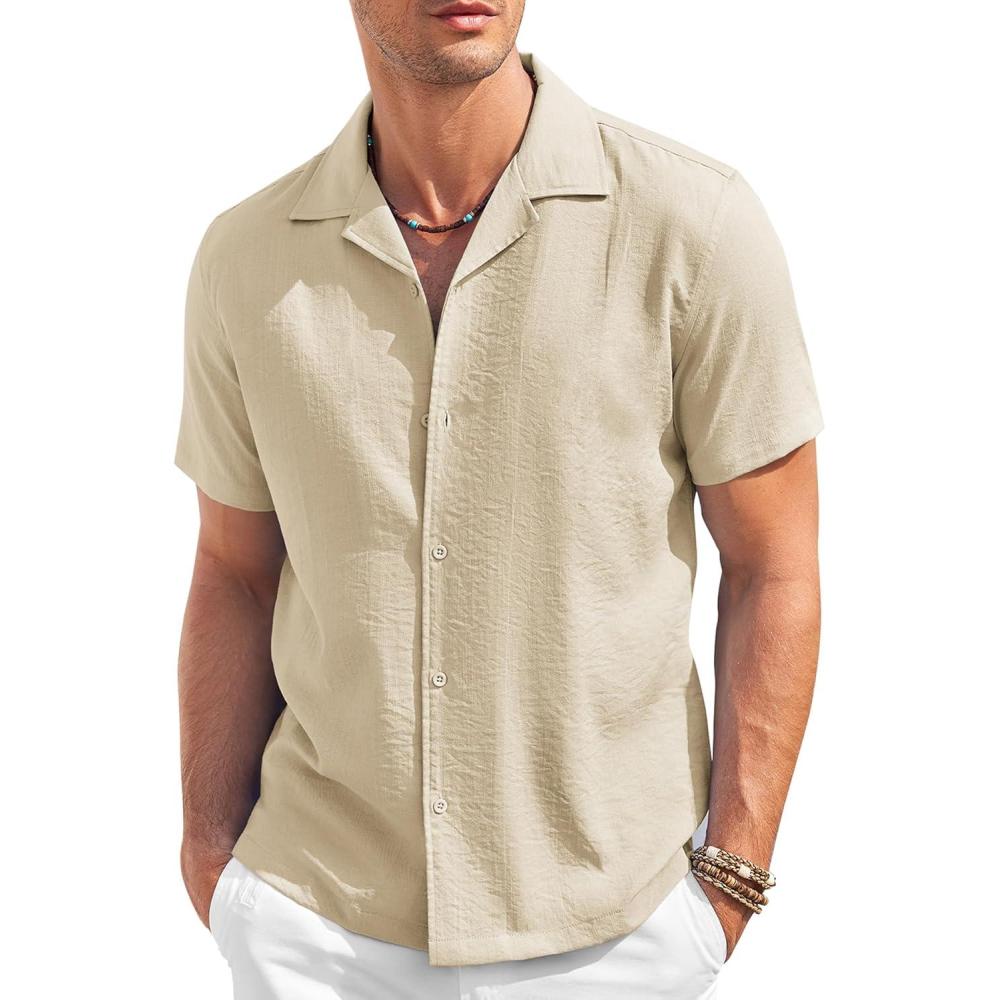 imageCOOFANDY Mens Casual Button Down Shirt Short Sleeve Textured Summer Cuban Beach ShirtsKhaki