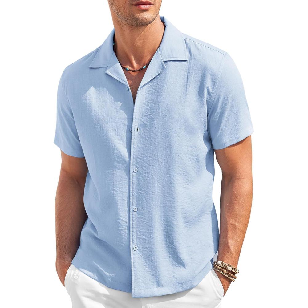 imageCOOFANDY Mens Casual Button Down Shirt Short Sleeve Textured Summer Cuban Beach ShirtsLight Blue
