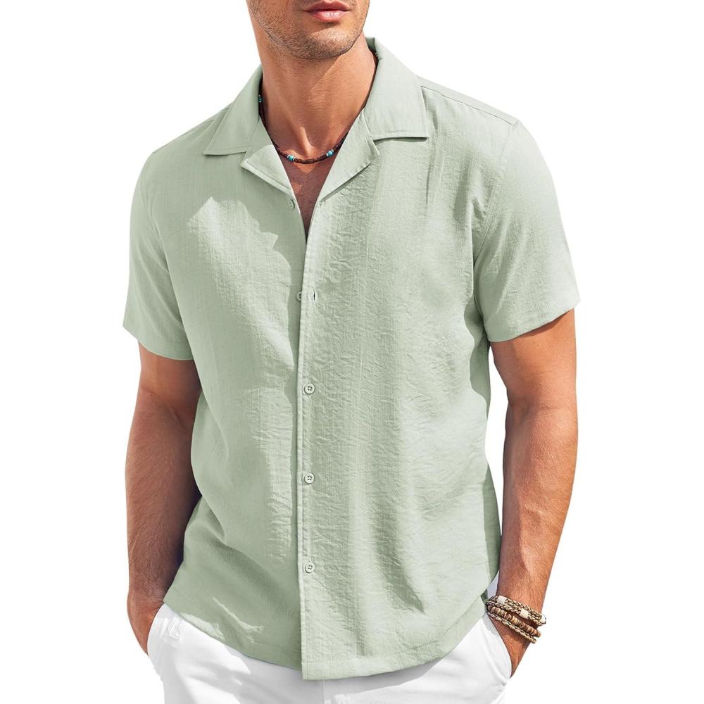 imageCOOFANDY Mens Casual Button Down Shirt Short Sleeve Textured Summer Cuban Beach ShirtsLight Green