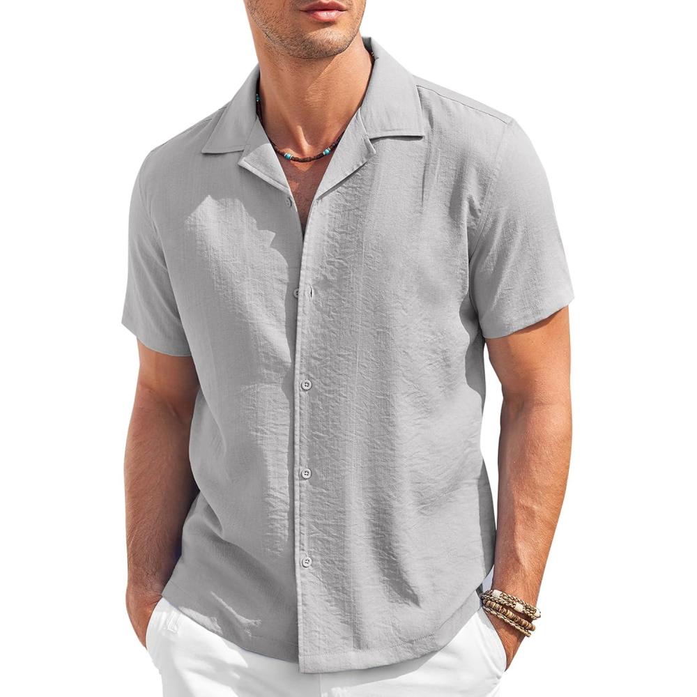 imageCOOFANDY Mens Casual Button Down Shirt Short Sleeve Textured Summer Cuban Beach ShirtsLight Grey