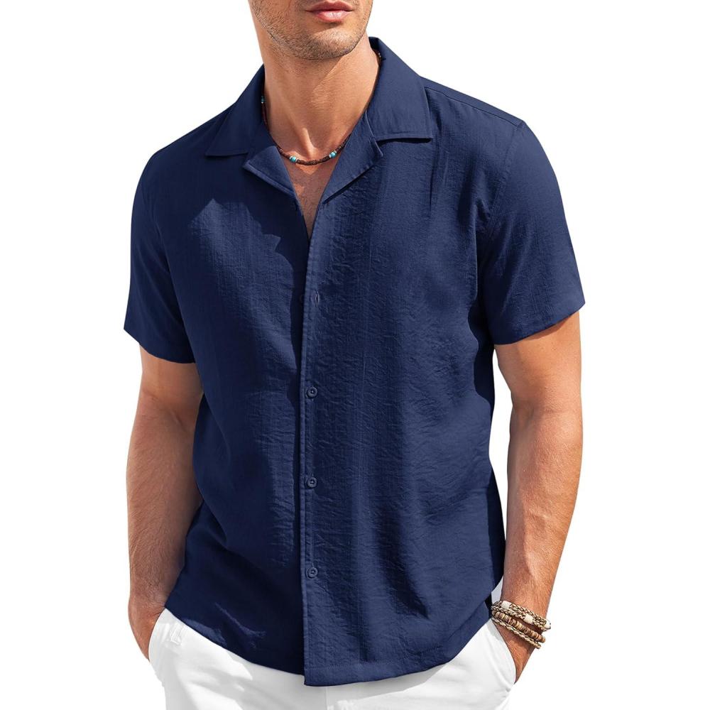 imageCOOFANDY Mens Casual Button Down Shirt Short Sleeve Textured Summer Cuban Beach ShirtsNavy Blue