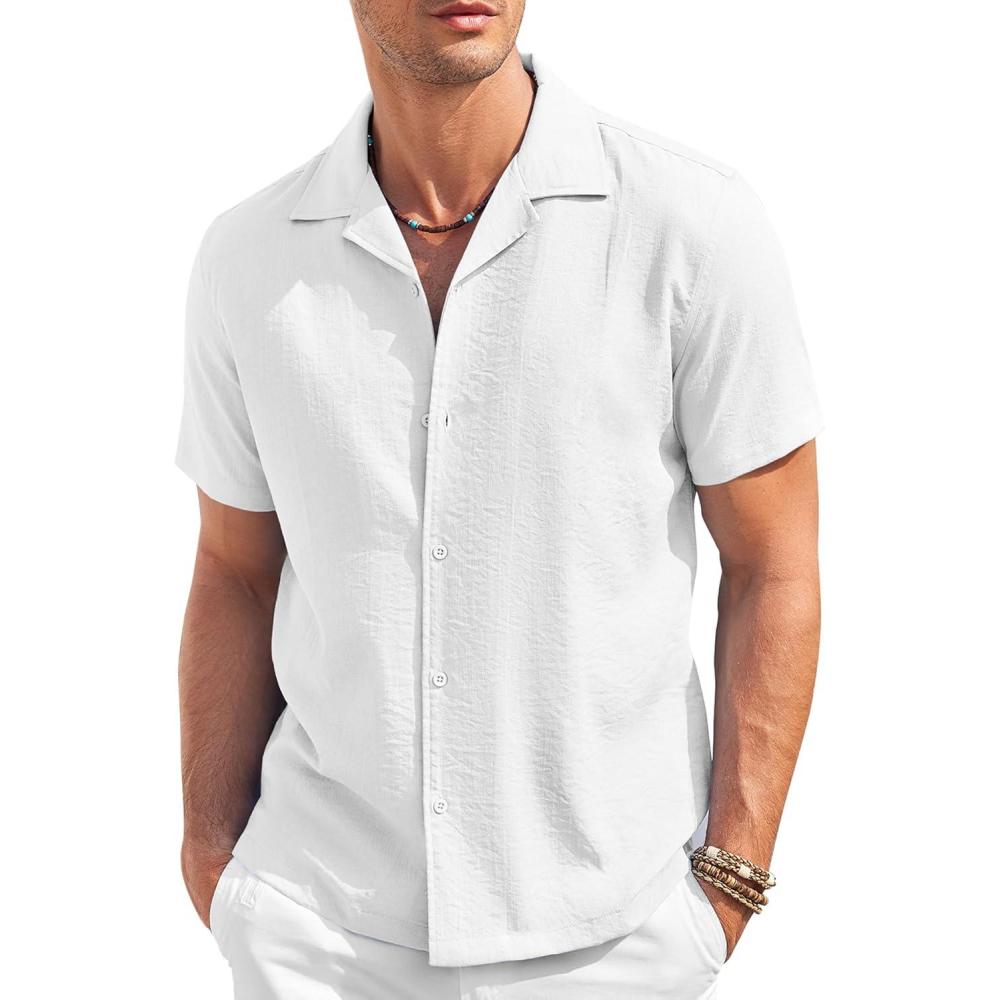 imageCOOFANDY Mens Casual Button Down Shirt Short Sleeve Textured Summer Cuban Beach ShirtsWhite