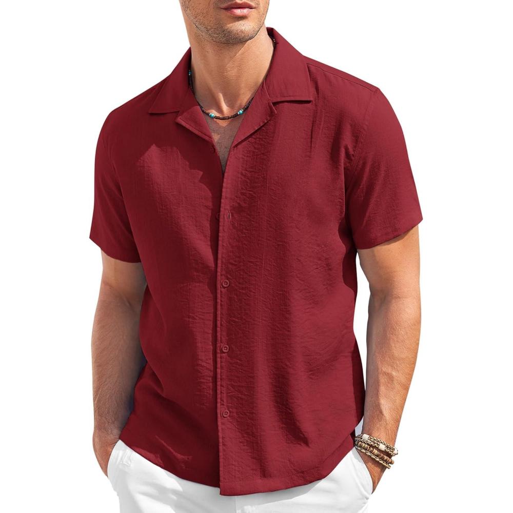 imageCOOFANDY Mens Casual Button Down Shirt Short Sleeve Textured Summer Cuban Beach ShirtsWine Red