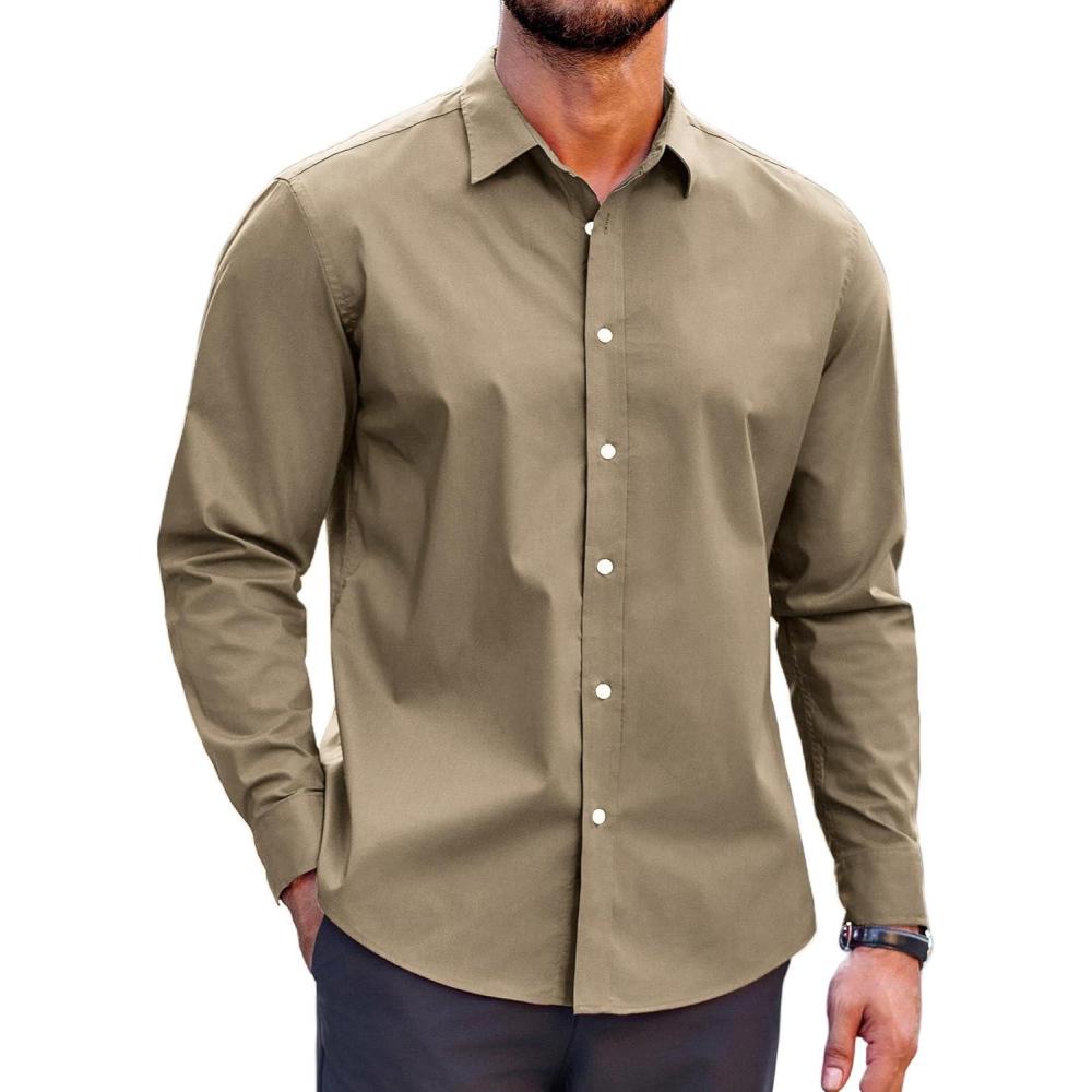 imageCOOFANDY Mens Casual Button Down Shirts Long Sleeve Untucked Shirts for Men Stretch Dress ShirtLight Khaki