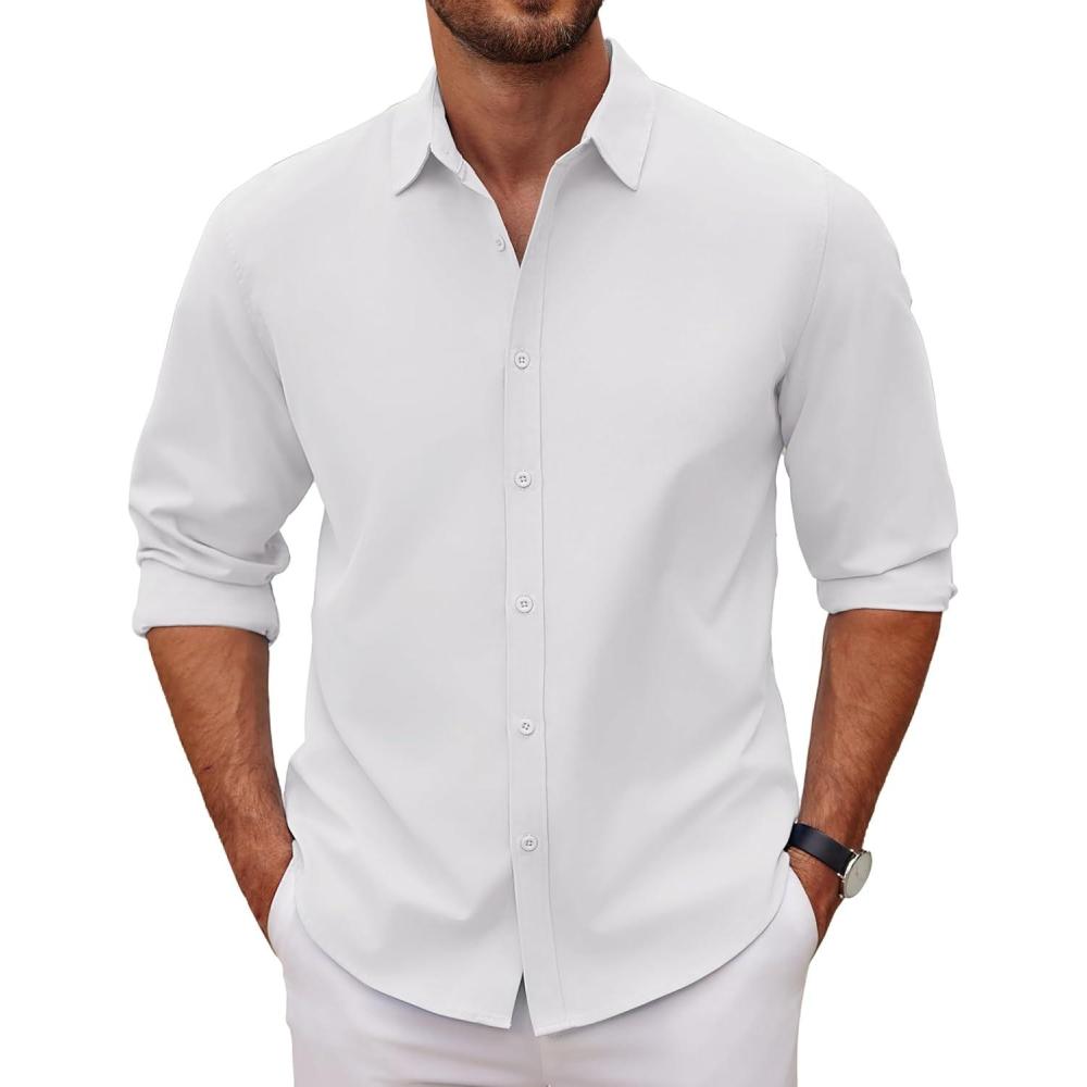 imageCOOFANDY Mens Casual Button Down Shirts Long Sleeve Untucked Shirts for Men Stretch Dress ShirtWhite