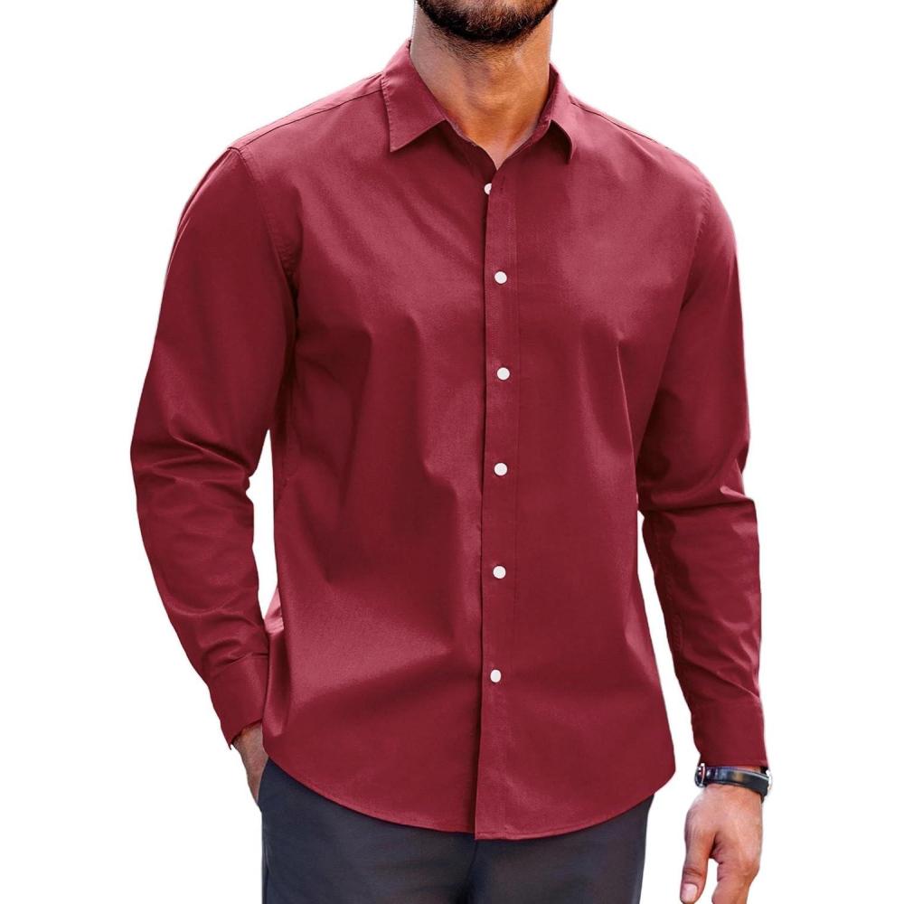 imageCOOFANDY Mens Casual Button Down Shirts Long Sleeve Untucked Shirts for Men Stretch Dress ShirtWine Red