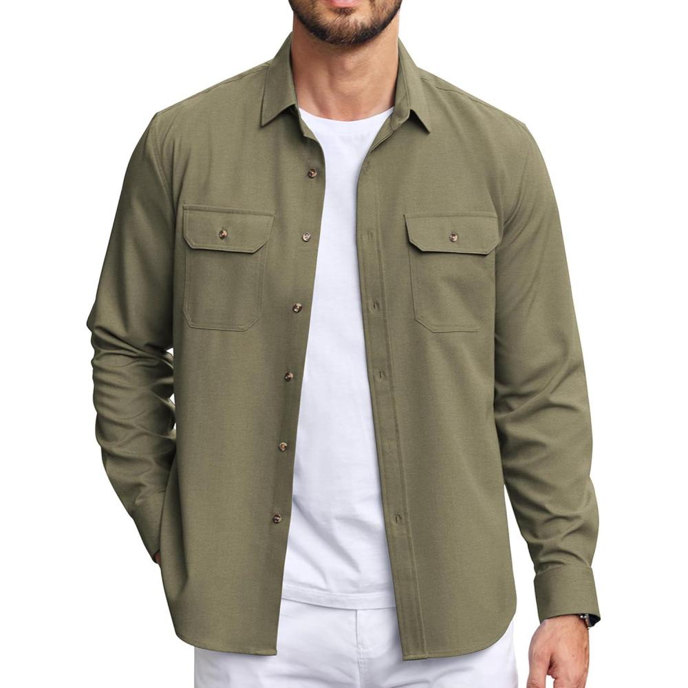 imageCOOFANDY Mens Casual Button Down Shirts Long Sleeve WrinkleFree Shirt Lightweight Shirt JacketArmy Green
