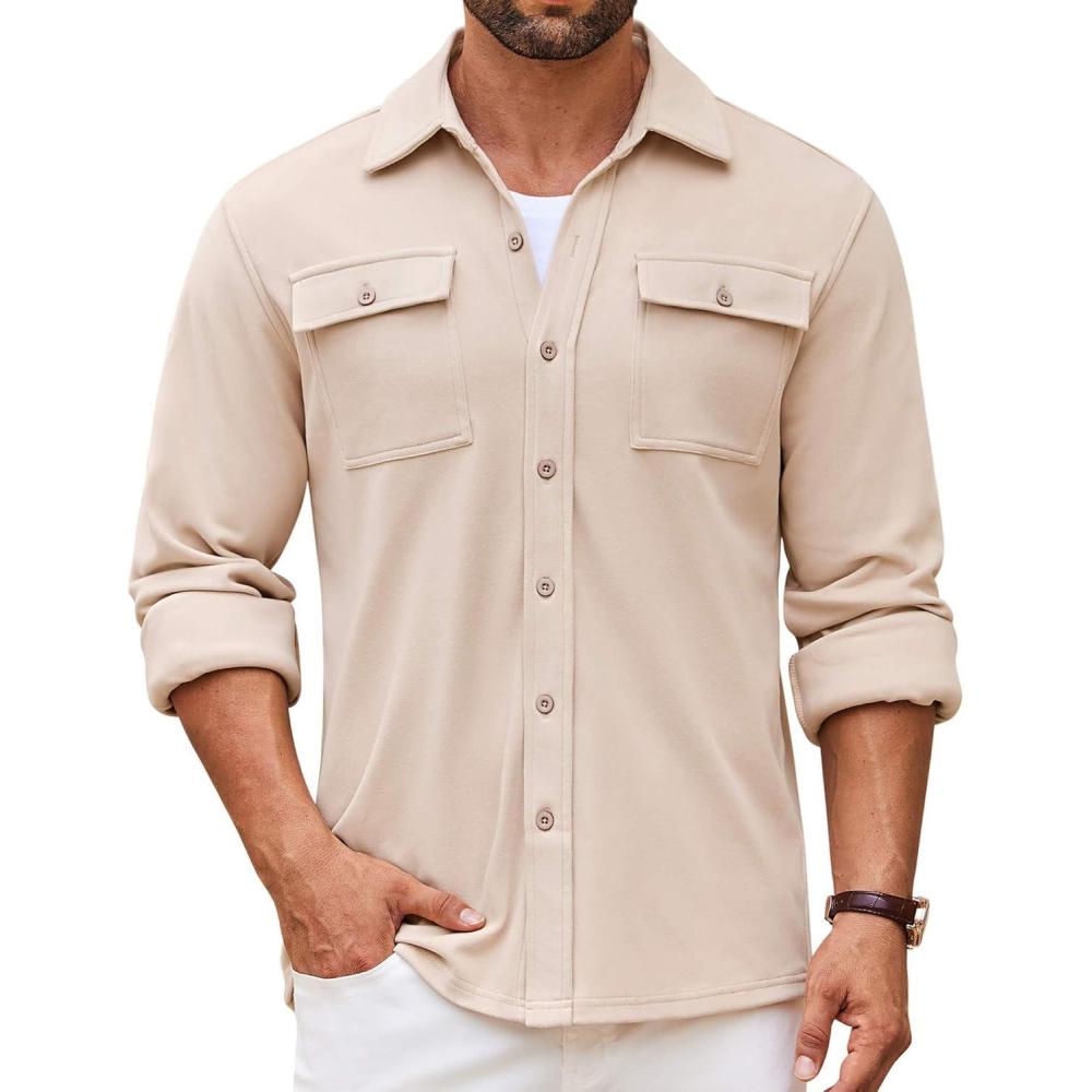 imageCOOFANDY Mens Casual Button Down Shirts Long Sleeve WrinkleFree Shirt Lightweight Shirt JacketBeige
