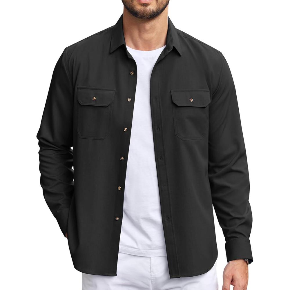 imageCOOFANDY Mens Casual Button Down Shirts Long Sleeve WrinkleFree Shirt Lightweight Shirt JacketBlack