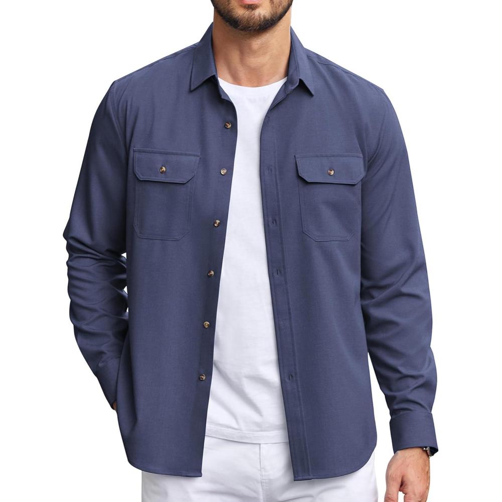 imageCOOFANDY Mens Casual Button Down Shirts Long Sleeve WrinkleFree Shirt Lightweight Shirt JacketDenim Blue