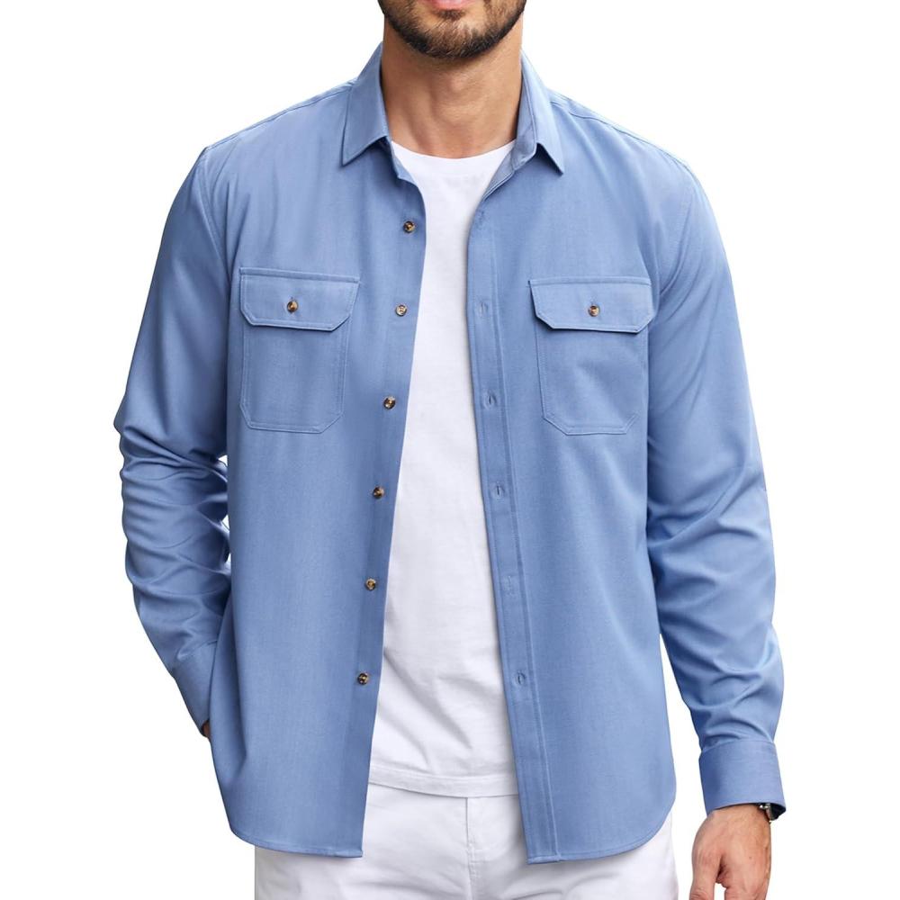 imageCOOFANDY Mens Casual Button Down Shirts Long Sleeve WrinkleFree Shirt Lightweight Shirt JacketLight Blue