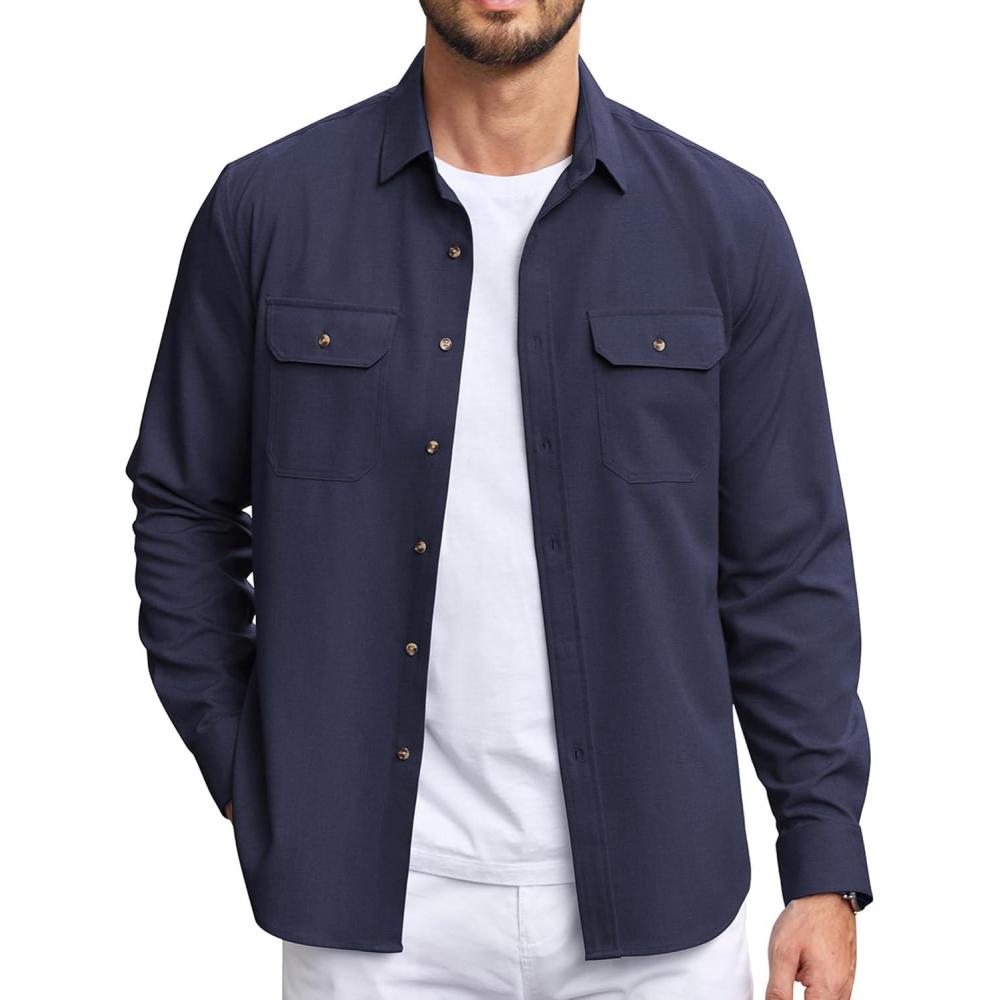 imageCOOFANDY Mens Casual Button Down Shirts Long Sleeve WrinkleFree Shirt Lightweight Shirt JacketNavy Blue