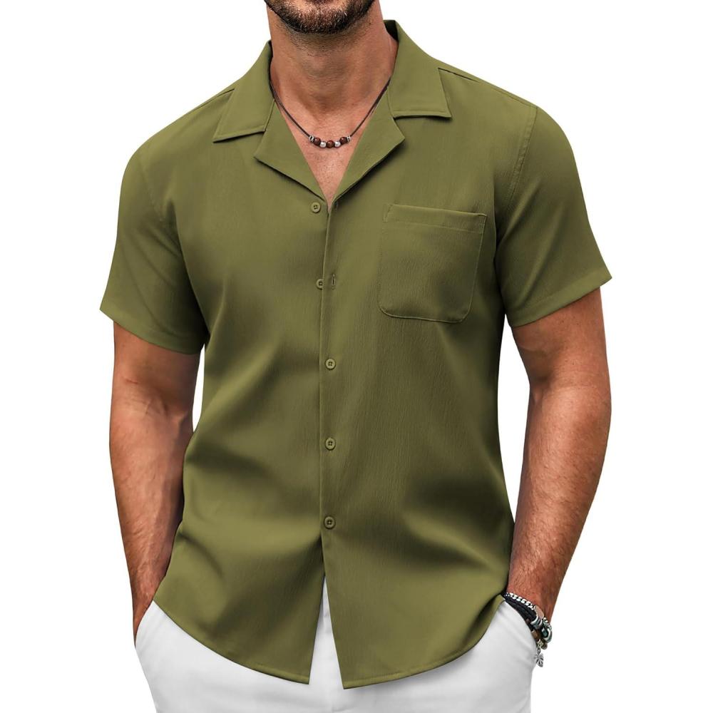 imageCOOFANDY Mens Casual Button Down Shirts Short Sleeve Summer Beach Shirt Fashion Textured Shirts with PocketArmy Green