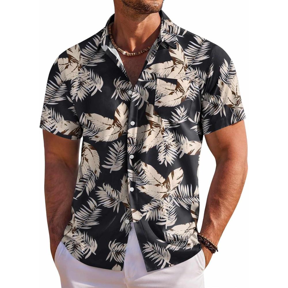 imageCOOFANDY Mens Casual Button Down Shirts Short Sleeve Summer Beach Shirt Fashion Textured Shirts with PocketBlack  Khaki  Leaves