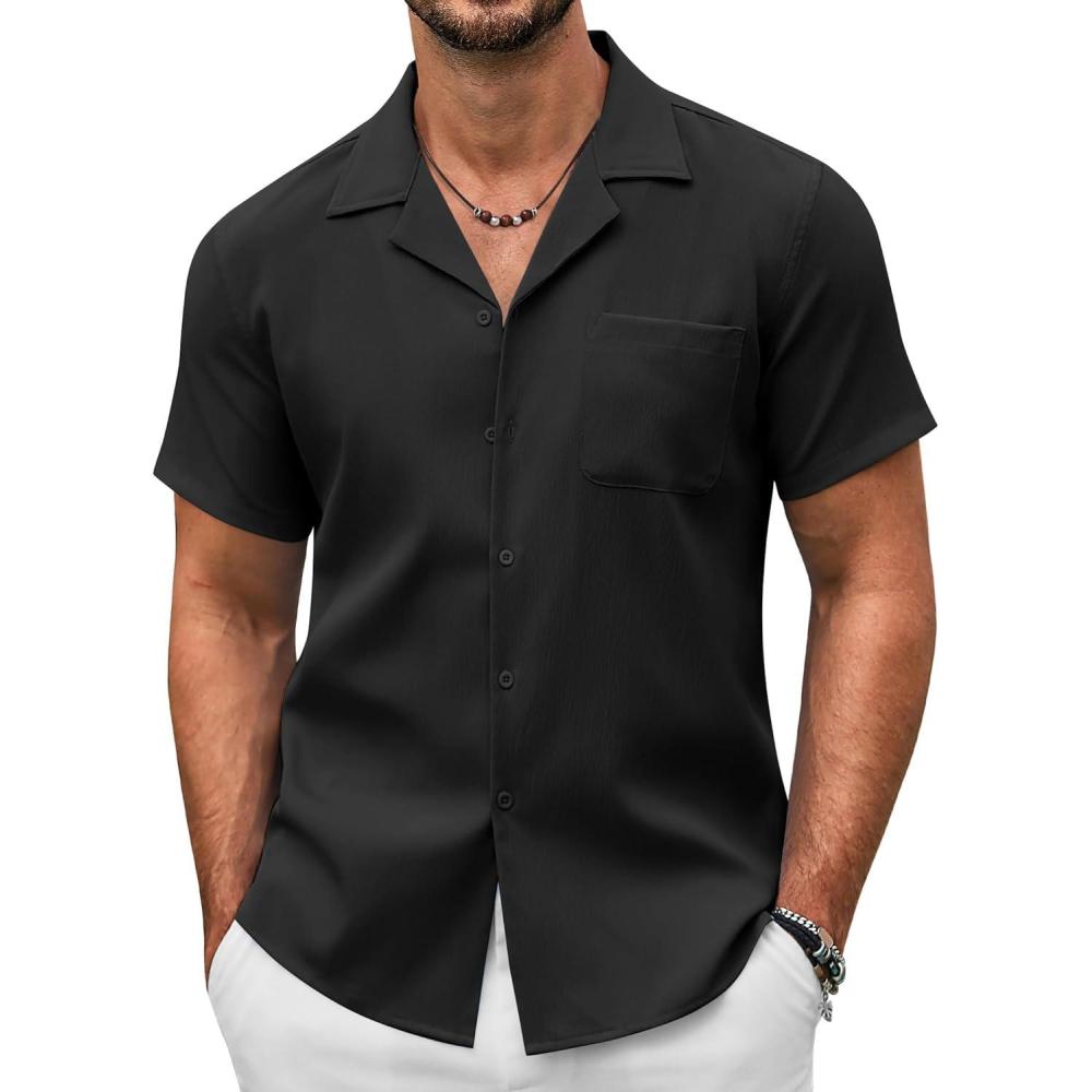imageCOOFANDY Mens Casual Button Down Shirts Short Sleeve Summer Beach Shirt Fashion Textured Shirts with PocketBlack
