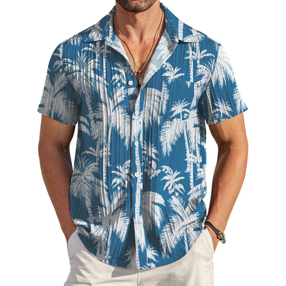 imageCOOFANDY Mens Casual Button Down Shirts Short Sleeve Summer Beach Shirt Fashion Textured Shirts with PocketBluecoconut Tree
