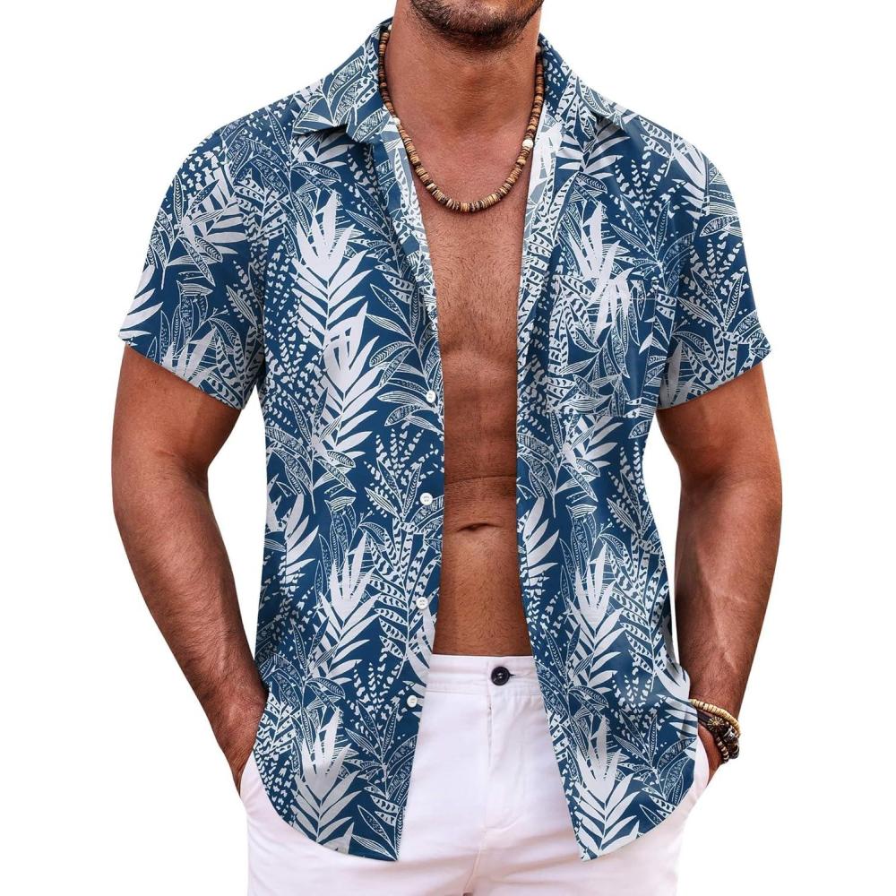 imageCOOFANDY Mens Casual Button Down Shirts Short Sleeve Summer Beach Shirt Fashion Textured Shirts with PocketBluewhite Leaves