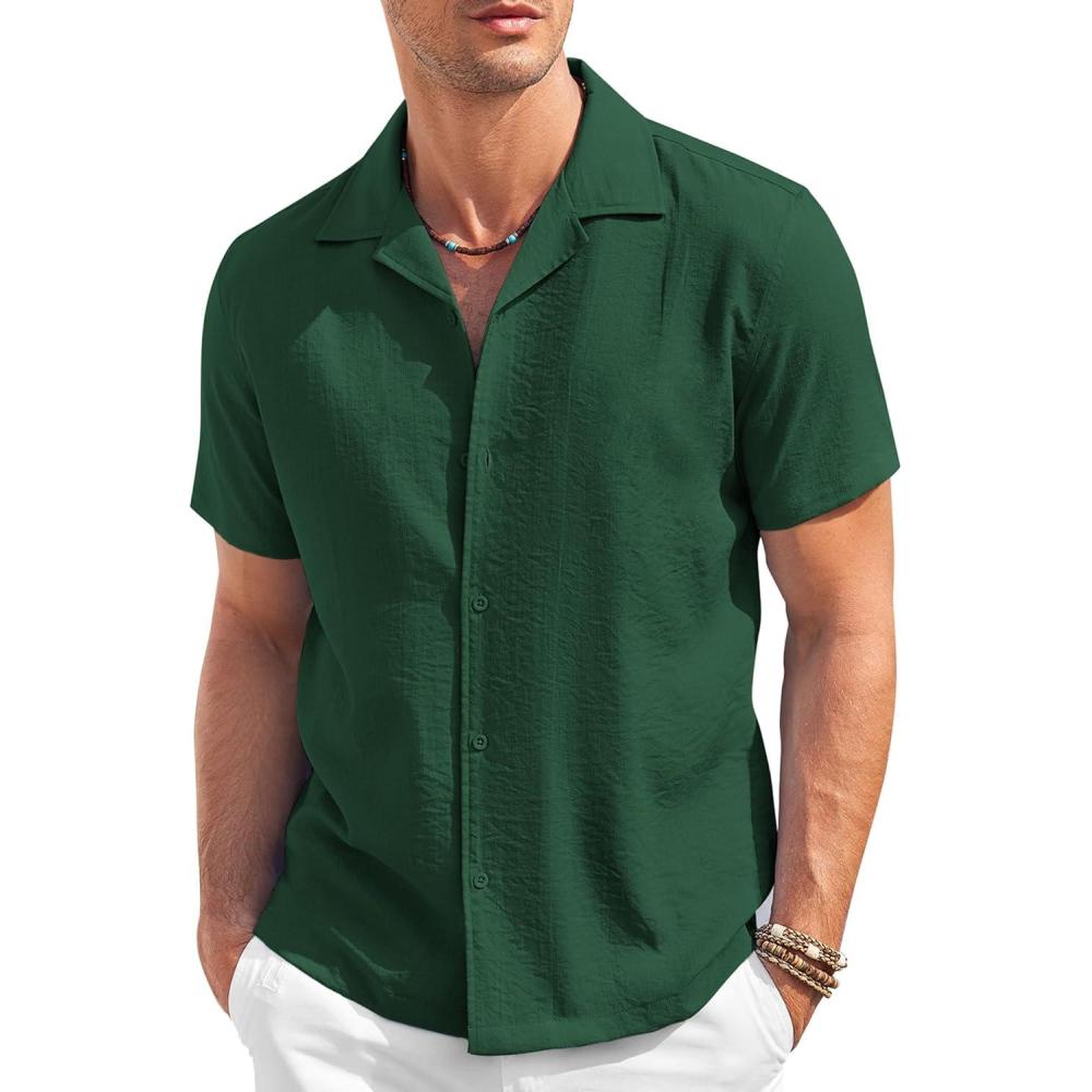 imageCOOFANDY Mens Casual Button Down Shirts Short Sleeve Summer Beach Shirt Fashion Textured Shirts with PocketBright Green