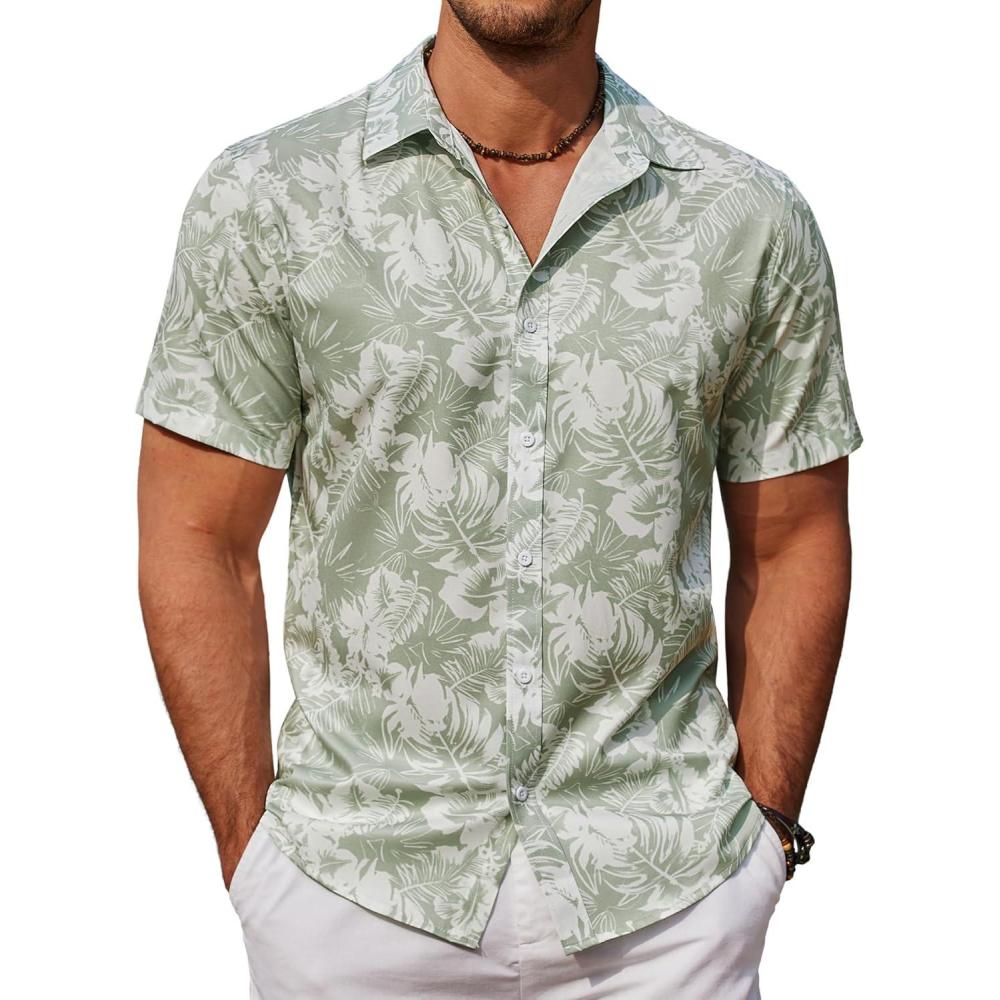 imageCOOFANDY Mens Casual Button Down Shirts Short Sleeve Summer Beach Shirt Fashion Textured Shirts with PocketCeladon Green Palm Leaf