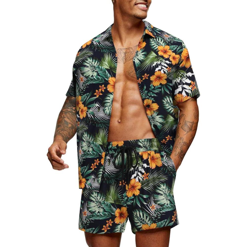 imageCOOFANDY Mens Casual Button Down Shirts Short Sleeve Summer Beach Shirt Fashion Textured Shirts with PocketFlower Navy