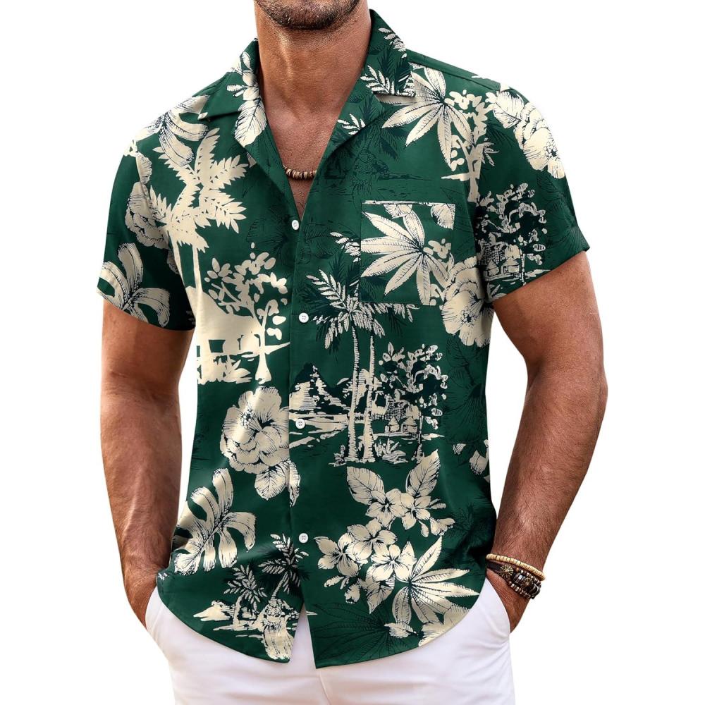imageCOOFANDY Mens Casual Button Down Shirts Short Sleeve Summer Beach Shirt Fashion Textured Shirts with PocketGreen  Palm Tree