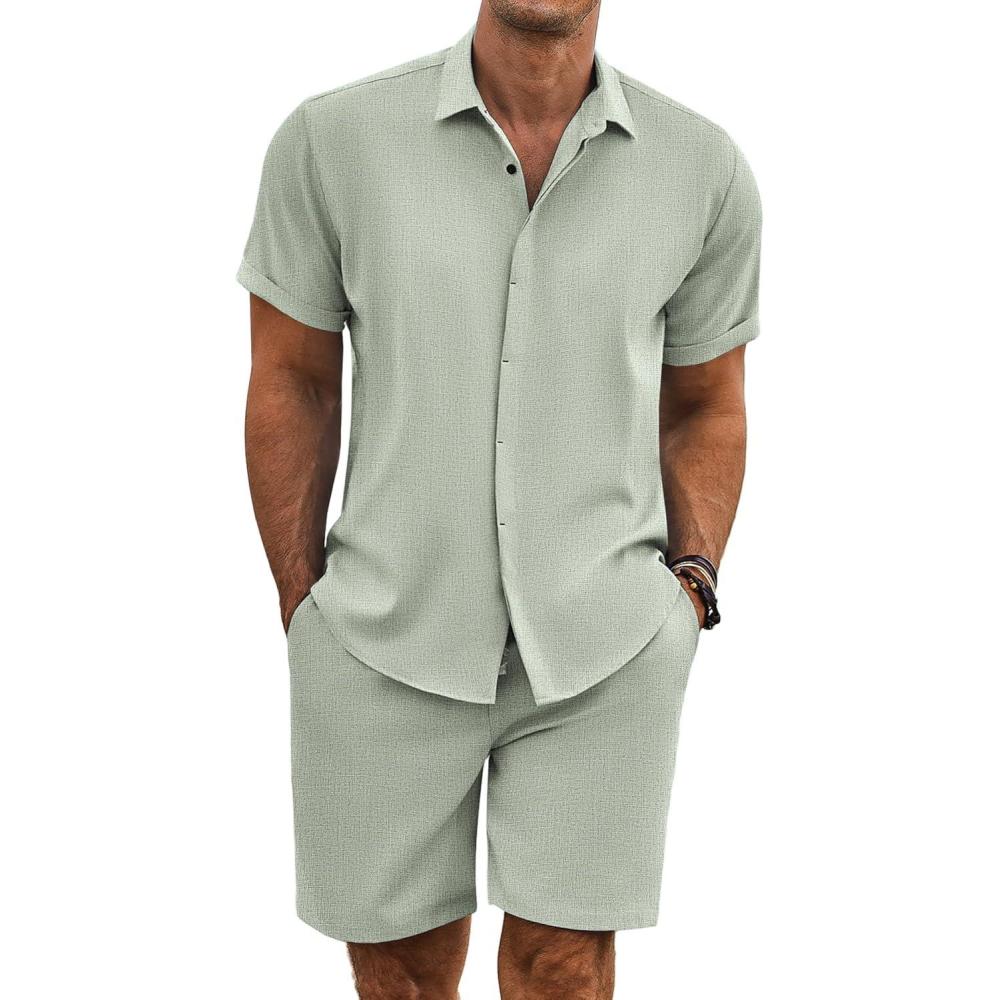 imageCOOFANDY Mens Casual Button Down Shirts Short Sleeve Summer Beach Shirt Fashion Textured Shirts with PocketGreen