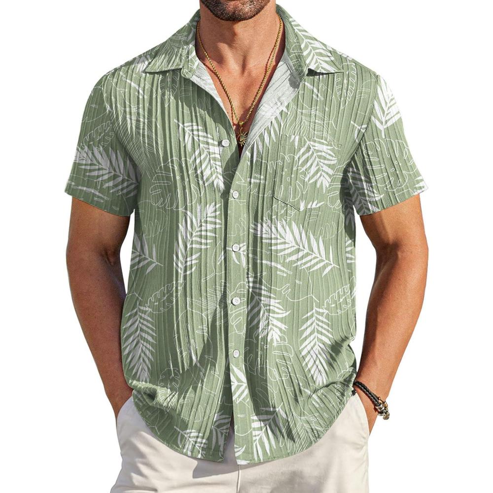 imageCOOFANDY Mens Casual Button Down Shirts Short Sleeve Summer Beach Shirt Fashion Textured Shirts with PocketGreenwhite Leaves