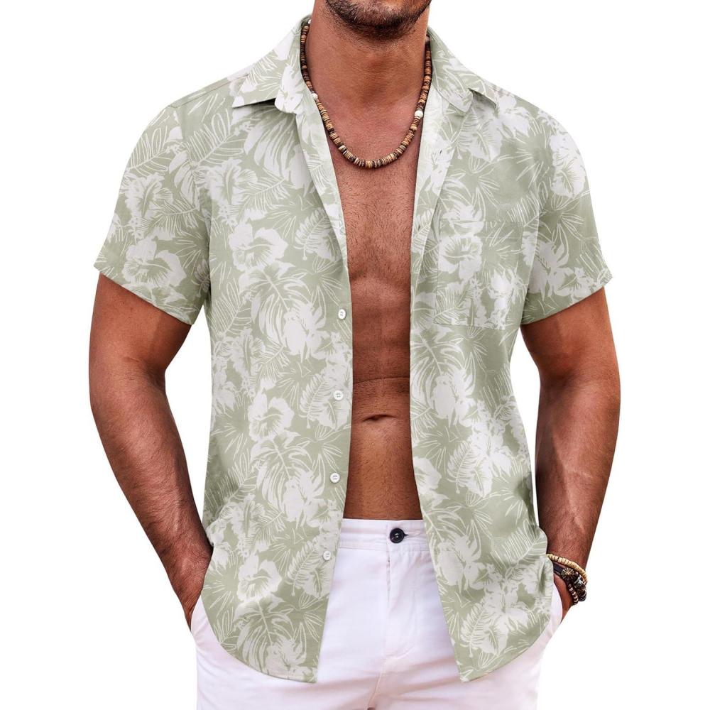 imageCOOFANDY Mens Casual Button Down Shirts Short Sleeve Summer Beach Shirt Fashion Textured Shirts with PocketLight Green Leaves