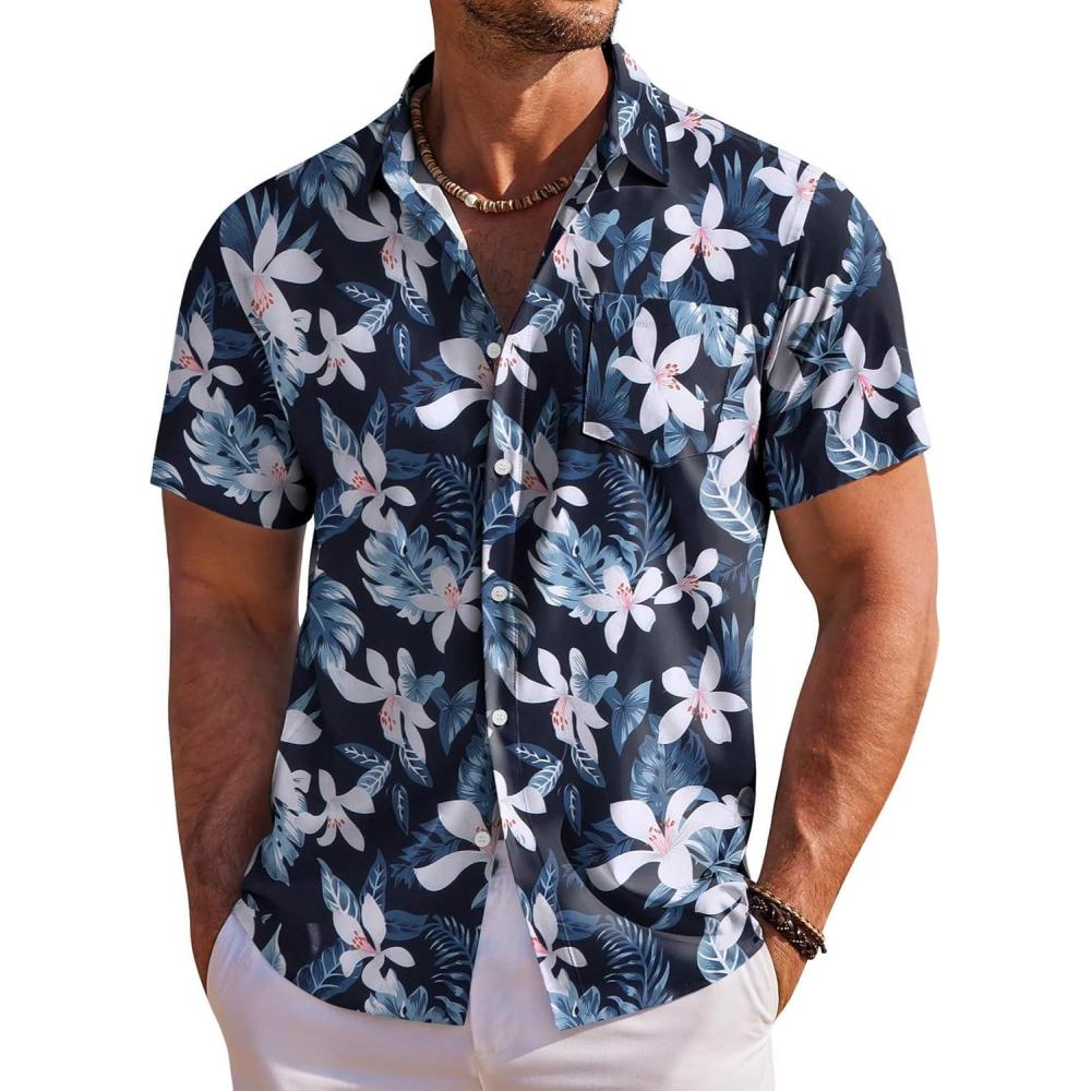 imageCOOFANDY Mens Casual Button Down Shirts Short Sleeve Summer Beach Shirt Fashion Textured Shirts with PocketNavy  White  Flower
