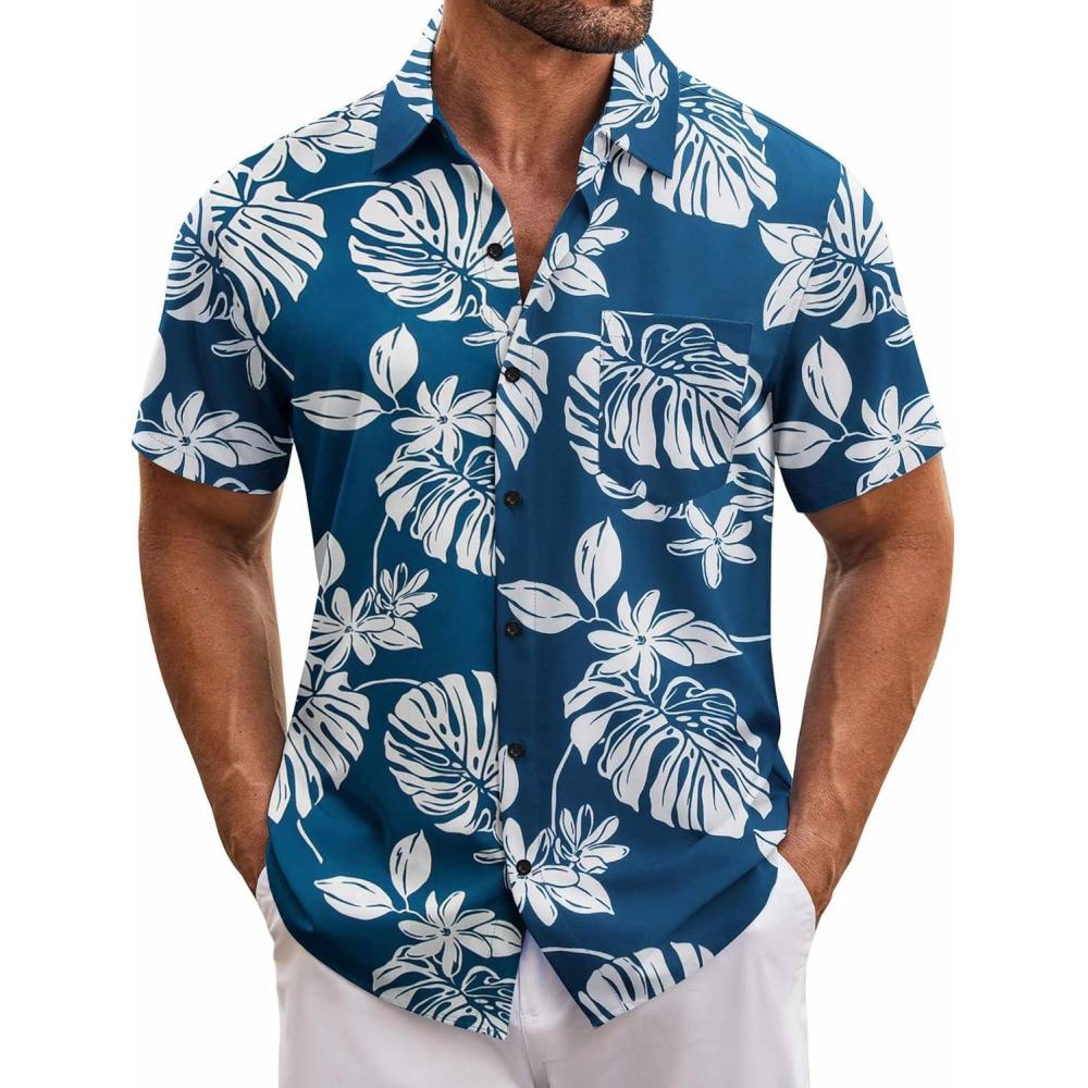 imageCOOFANDY Mens Casual Button Down Shirts Short Sleeve Summer Beach Shirt Fashion Textured Shirts with PocketNavy Leaves