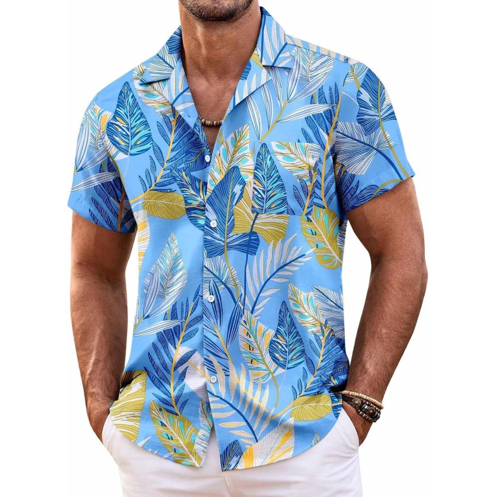 imageCOOFANDY Mens Casual Button Down Shirts Short Sleeve Summer Beach Shirt Fashion Textured Shirts with PocketSky Blue Palm Leaf