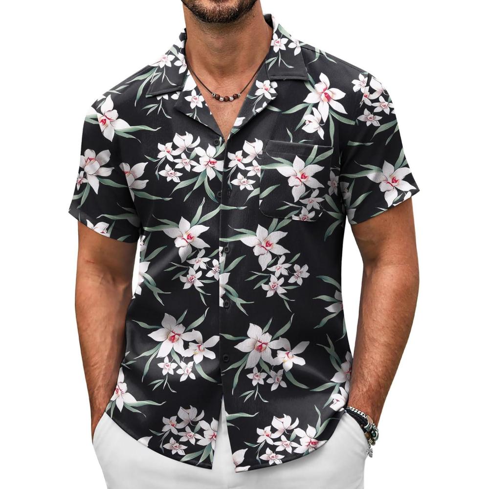 imageCOOFANDY Mens Casual Button Down Shirts Short Sleeve Summer Beach Shirt Fashion Textured Shirts with PocketWhite Floralblack
