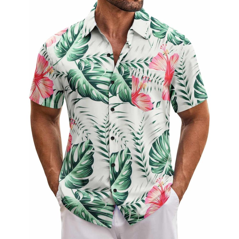 imageCOOFANDY Mens Casual Button Down Shirts Short Sleeve Summer Beach Shirt Fashion Textured Shirts with PocketWleaf  Flower