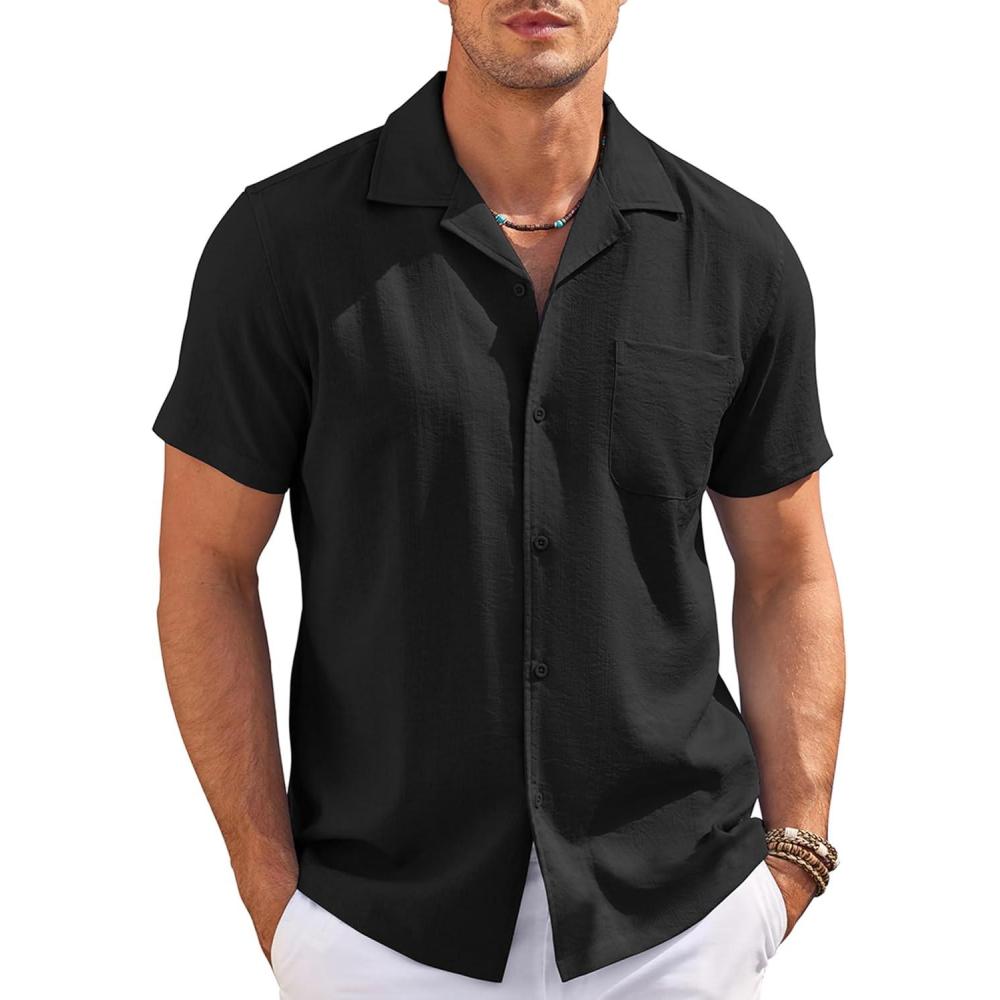 imageCOOFANDY Mens Casual Button Down Shirts Short Sleeve Summer Cuban Vacation Beach ShirtsBlack