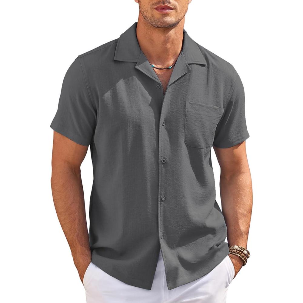 imageCOOFANDY Mens Casual Button Down Shirts Short Sleeve Summer Cuban Vacation Beach ShirtsDark Grey
