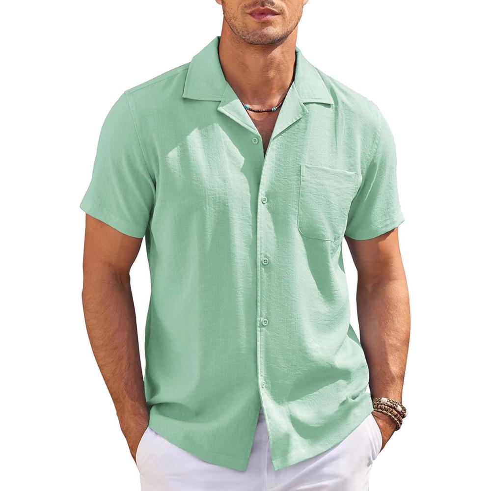 imageCOOFANDY Mens Casual Button Down Shirts Short Sleeve Summer Cuban Vacation Beach ShirtsGreen