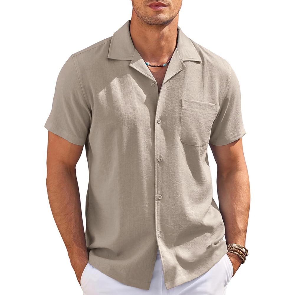 imageCOOFANDY Mens Casual Button Down Shirts Short Sleeve Summer Cuban Vacation Beach ShirtsKhaki