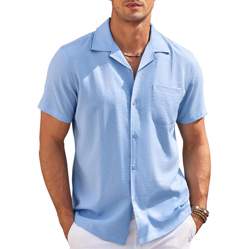 imageCOOFANDY Mens Casual Button Down Shirts Short Sleeve Summer Cuban Vacation Beach ShirtsLight Blue