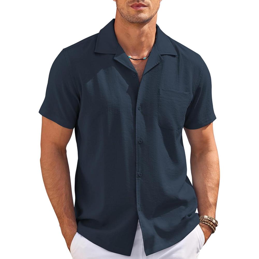 imageCOOFANDY Mens Casual Button Down Shirts Short Sleeve Summer Cuban Vacation Beach ShirtsNavy Blue