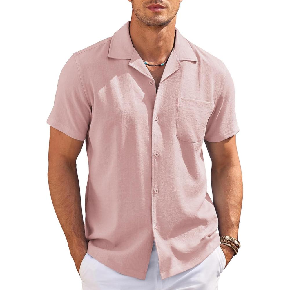 imageCOOFANDY Mens Casual Button Down Shirts Short Sleeve Summer Cuban Vacation Beach ShirtsPink