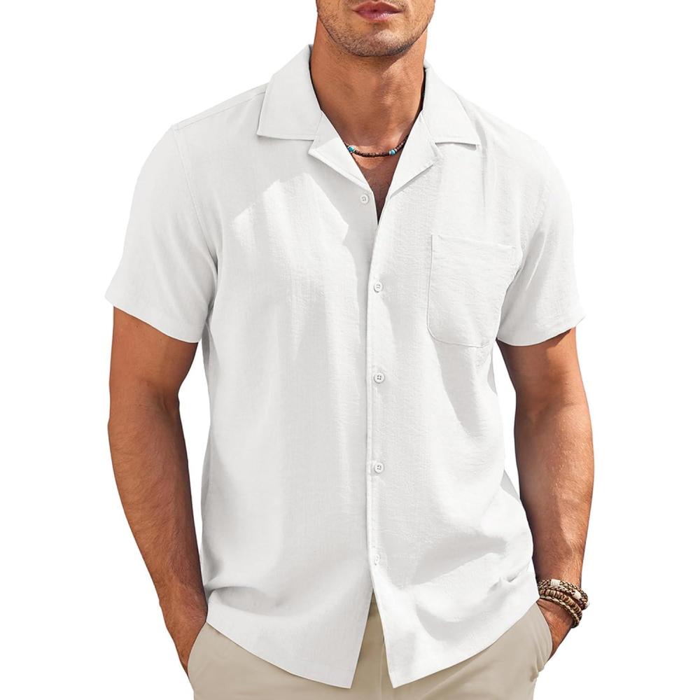 imageCOOFANDY Mens Casual Button Down Shirts Short Sleeve Summer Cuban Vacation Beach ShirtsWhite