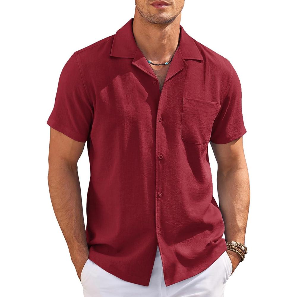 imageCOOFANDY Mens Casual Button Down Shirts Short Sleeve Summer Cuban Vacation Beach ShirtsWine Red
