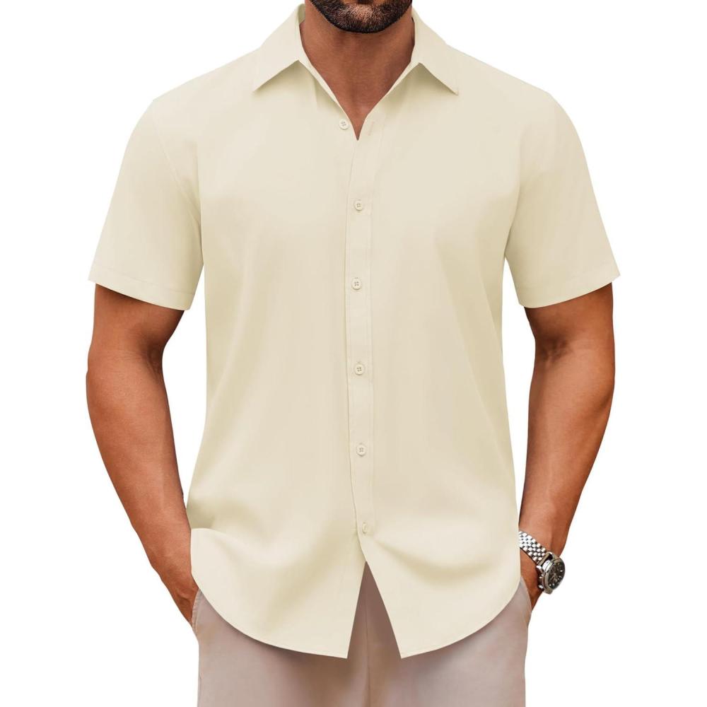imageCOOFANDY Mens Casual Button Down Shirts Short Sleeve Summer Untucked Dress ShirtsBeige