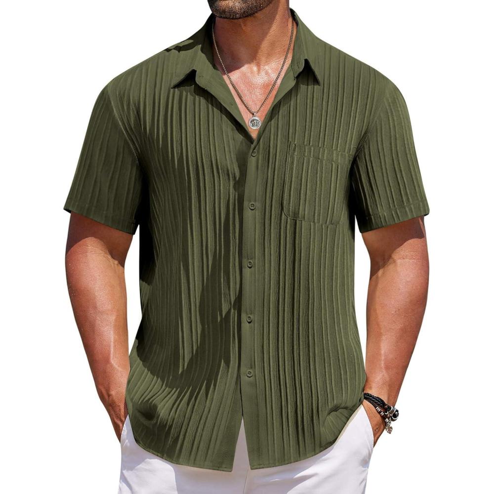 imageCOOFANDY Mens Casual Button Down Shirts Short Sleeve Textured Shirt Summer Beach Shirts for MenArmy Green